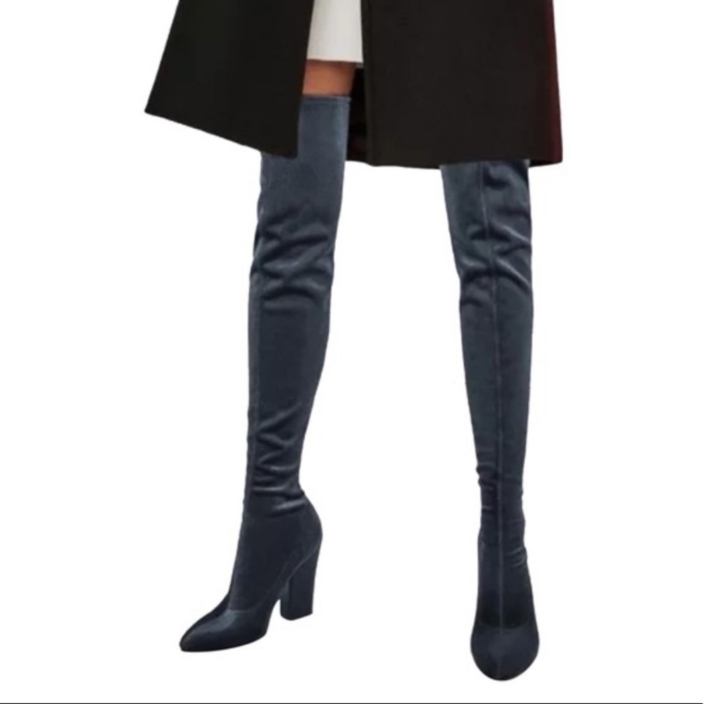 Zara Grey/Blue Over the Knee Stretch Velvet Boots